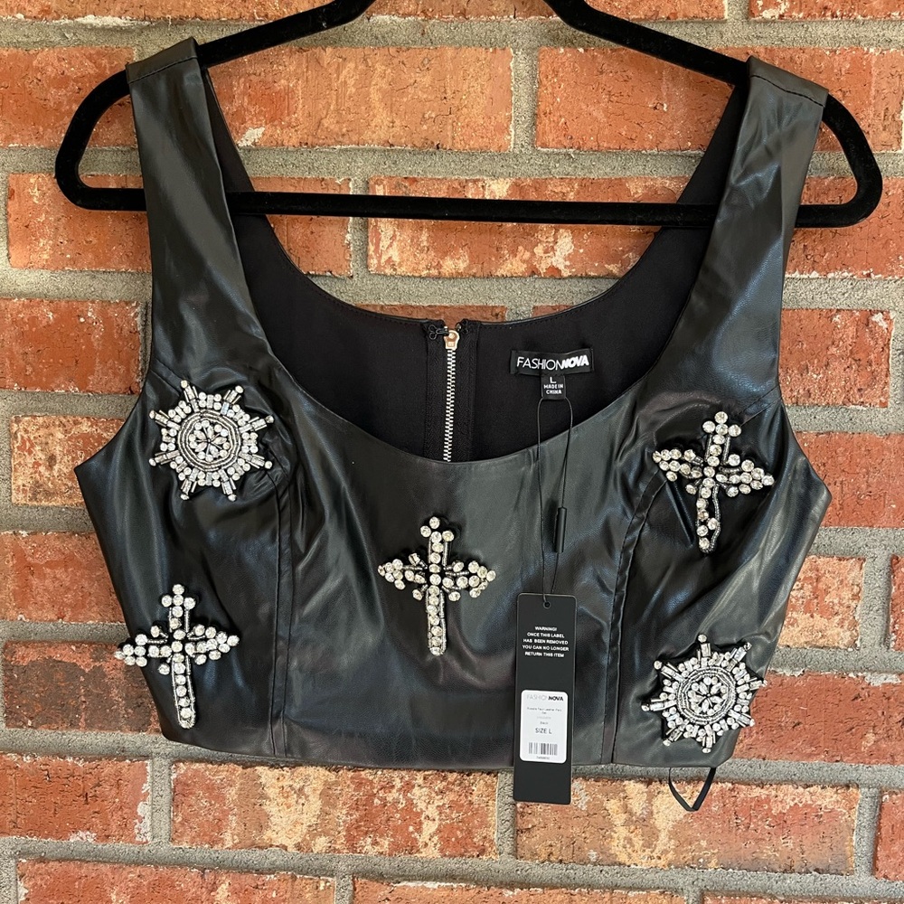F Black Vegan leather Embellished Cross rhinestone Crop Top SZ L Biker Grunge